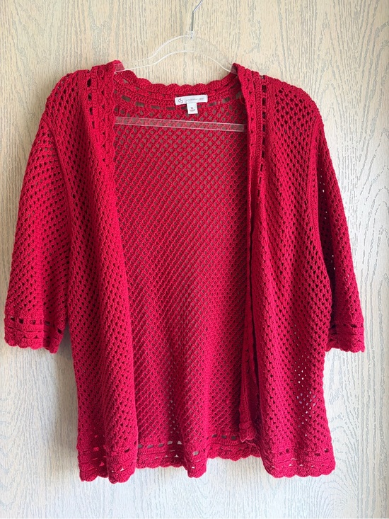 None Sweaters - Openwork Crochet Red Women's Cardigan Sweater